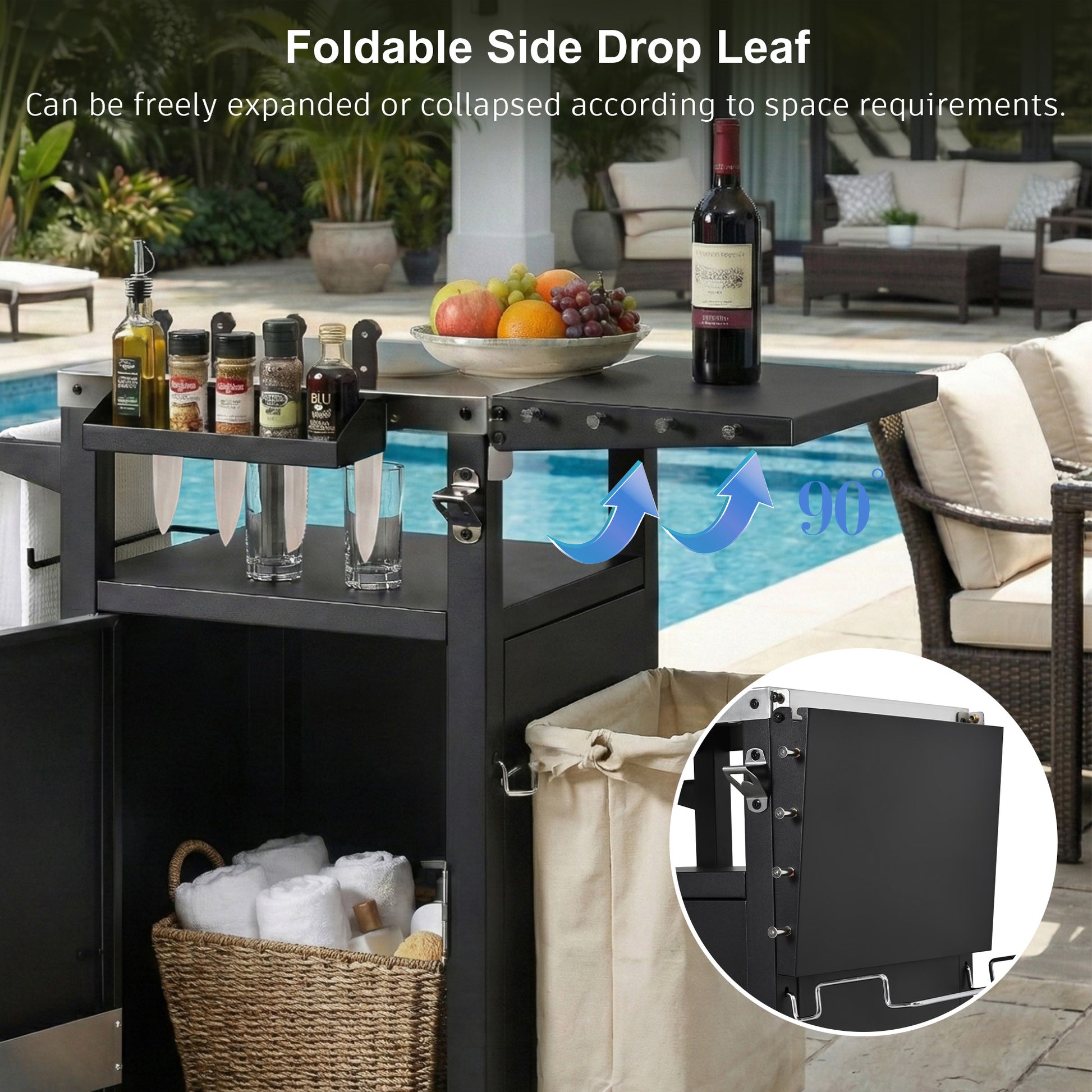 K&K 33.9  Outdoor Grill Cart With Drop Leaf, Outdoor Metal Bar Cart Pizza Oven Table With Wheels, Stainless Steel Top, Outdoor Kitchen Island With Storage Cabinet & Spice & Paper Rack For BBQ, Waterpr