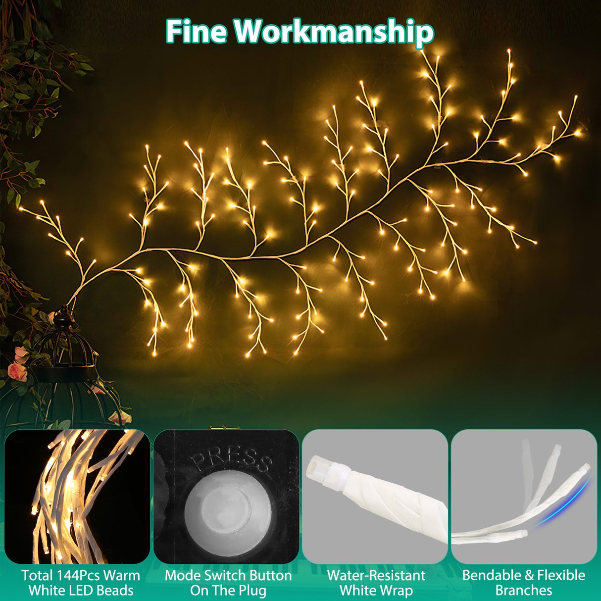 1Pc 7.87FT Lighted Birch Garland Lighted Twig Vine Lights 144LED Birch Garland With Lights String Light With Timer 8 Modes IP45 Waterproof For Christmas Fireplace Home Decoration - CJDS - FC