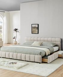 King Size Upholstered Bed ,comfortable Upholstered Bed Frame, Chenille Fabric, With Headboard And Solid Bed Frame. With Drawer For Storage.-Beige 88.5x85.5x31