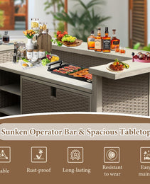 Patio Bar Table, Outdoor Aluminum PE Wicker Bar Cart With Cabinet, All Weather Use Storage Patio Cabinet For Patio Kitchen Or Bar Cart, Wood Grain
