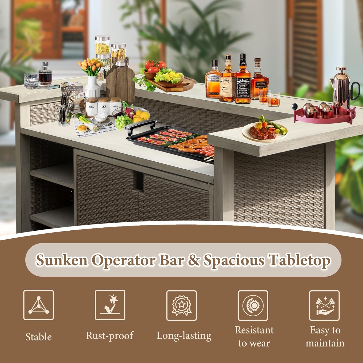 Patio Bar Table, Outdoor Aluminum PE Wicker Bar Cart With Cabinet, All Weather Use Storage Patio Cabinet For Patio Kitchen Or Bar Cart, Wood Grain