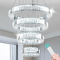 4 Ring Modern Long Crystal Pendant Chandelier for High Ceilings Warm White