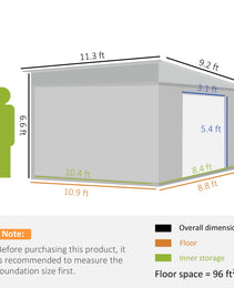 11' x 9' Metal Outdoor Storage Shed, Tool House with Double Lockable Doors for Backyard, Patio, Lawn, Garage, Gray