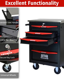 5 Drawers Multifunctional Tool Cart With Wheels,Metal Rolling Tool Cart Storage For Garage Workshop Warehouse Repair Shop--With Stainless Steel Roof- BLACK RED
