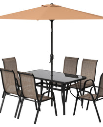 8 Pieces Patio Furniture Set with 9Ft Patio Umbrella, Outdoor Dining Table and Chairs, Light Mixed Brown