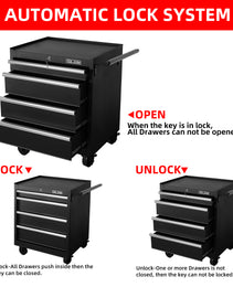 Tool Storage Cabinet And Cart 27Inch Metal Tool Cabinet With 4 Drawer,Rolling Wheel, Ball Bearing Sliders, Black Powder Coating, Suitable For Garage, Warehouse, Workshop