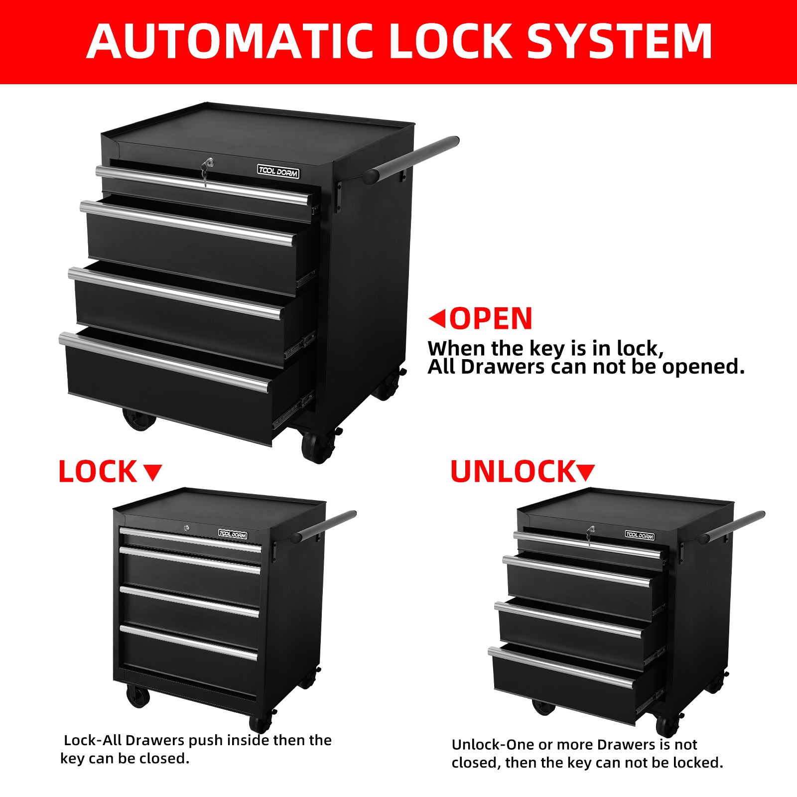 Tool Storage Cabinet And Cart 27Inch Metal Tool Cabinet With 4 Drawer,Rolling Wheel, Ball Bearing Sliders, Black Powder Coating, Suitable For Garage, Warehouse, Workshop