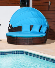 4-Piece Round Convertible Daybed with Cushions, Outdoor PE Rattan Patio Wicker Sofa Set, Sunbed with Adjustable Sun Canopy, Sectional Sofa, 2 Chairs, Table, 3 Pillows, Blue