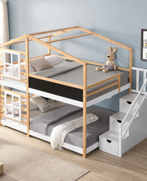 Full Over Full  Bunk Bed House Bed With Roof Windows Blackboard And Storage Ladder Platform Bed,bed Frame