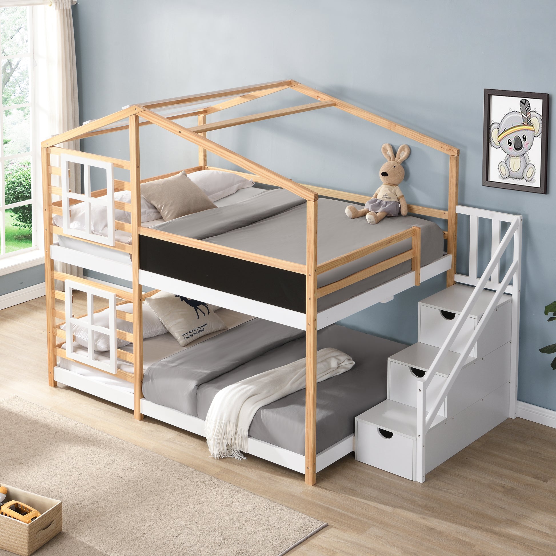 Full Over Full  Bunk Bed House Bed With Roof Windows Blackboard And Storage Ladder Platform Bed,bed Frame