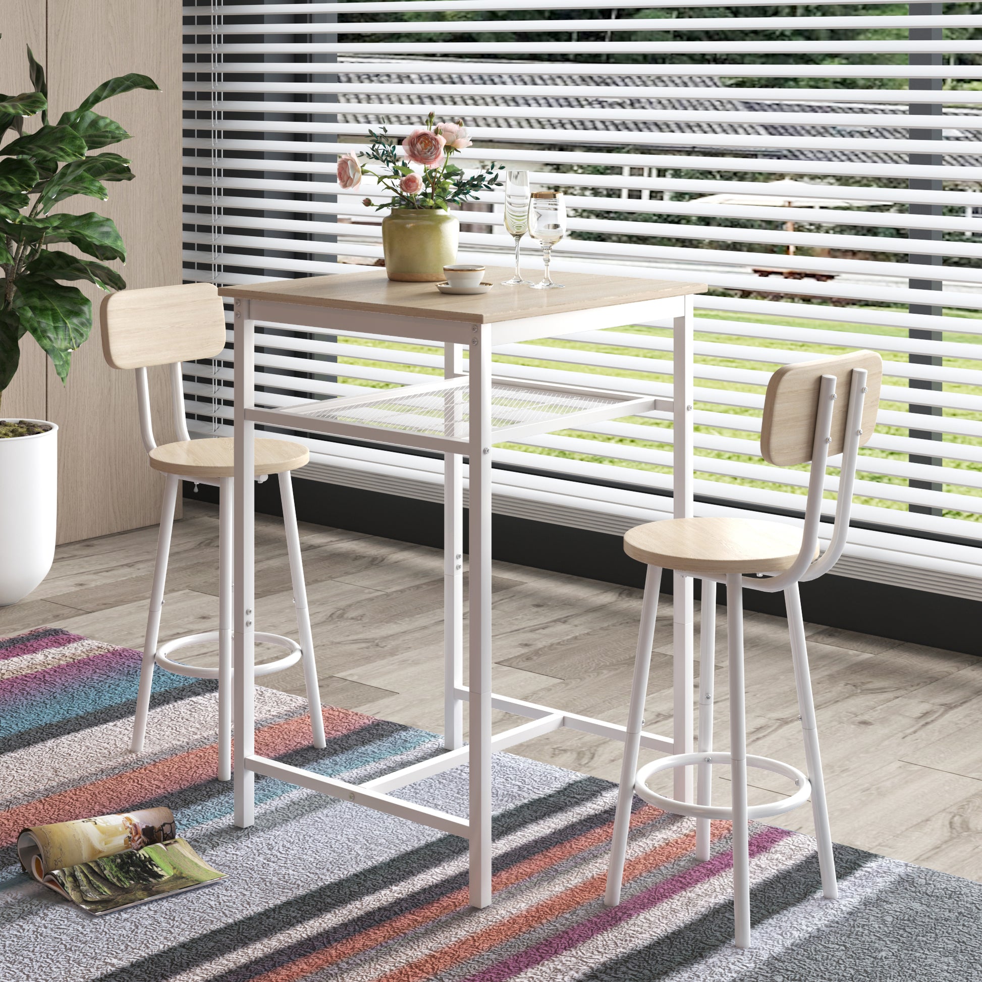 Bar Table, Equipped With 2 Bar Stools , With Backrest And Partition Beige