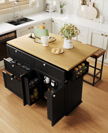 Available TOPMAX Farmhouse Kitchen Island With Drop Leaf And 2 Seatings, Kitchen Table Set With Storage Cabinet, Drawers, Door Shelves And Power Outlet, Black