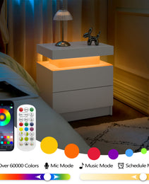 Nightstand LED Bedside Table Cabinet Lights Modern End Side With 2 Drawers For Bedroom White