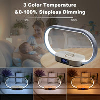 Bedside Lamp with Wireless Charger,Wooden Table Lamp with Charging Station,Touch Nightstand Lamp with Clock,3 Color Stepless Dimming Touch Lamp for Bedroom,Unique Gifts for Women