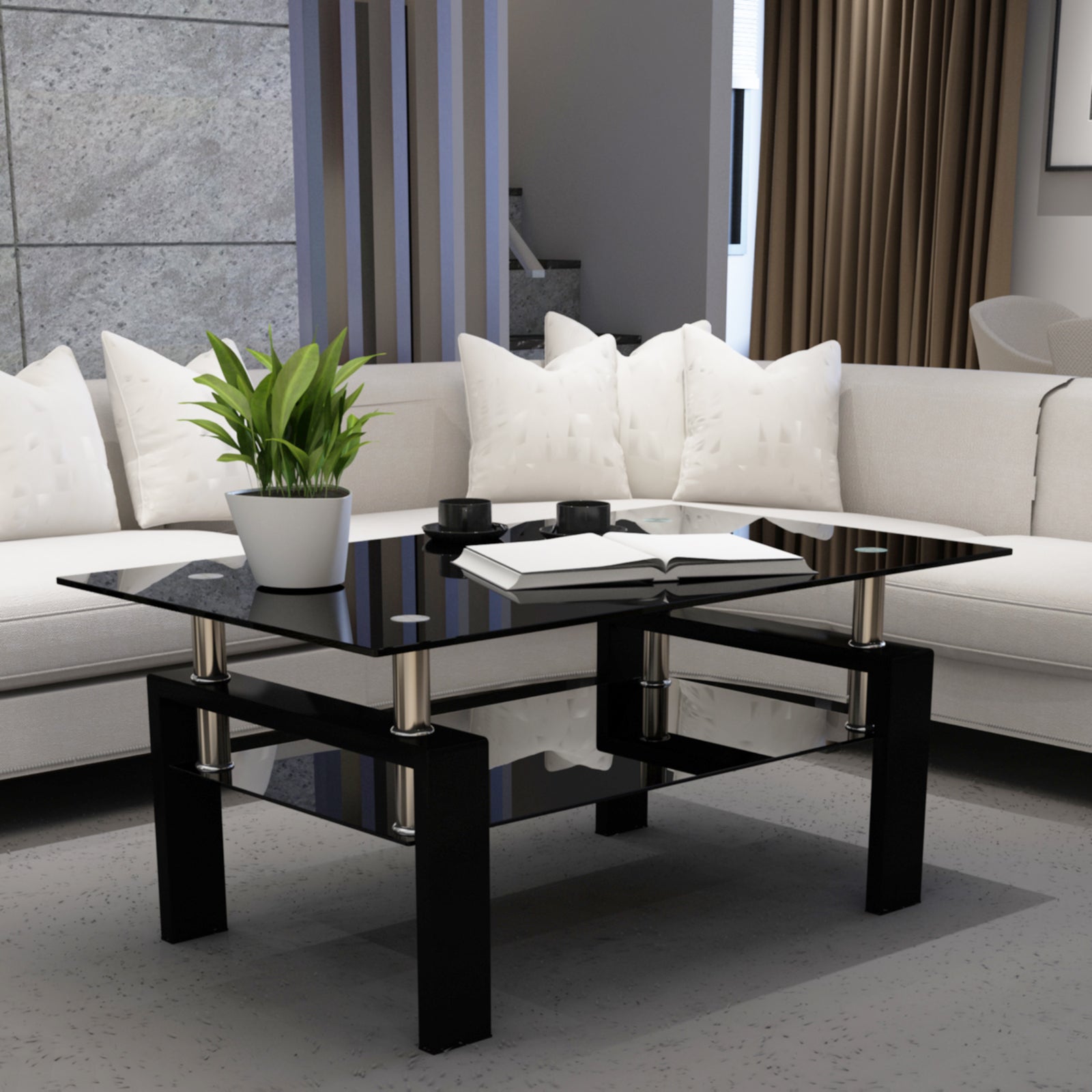 Rectangle Black Glass Coffee Table, Clear Coffee Table,Modern Side Center Tables For Living Room,Living Room Furniture