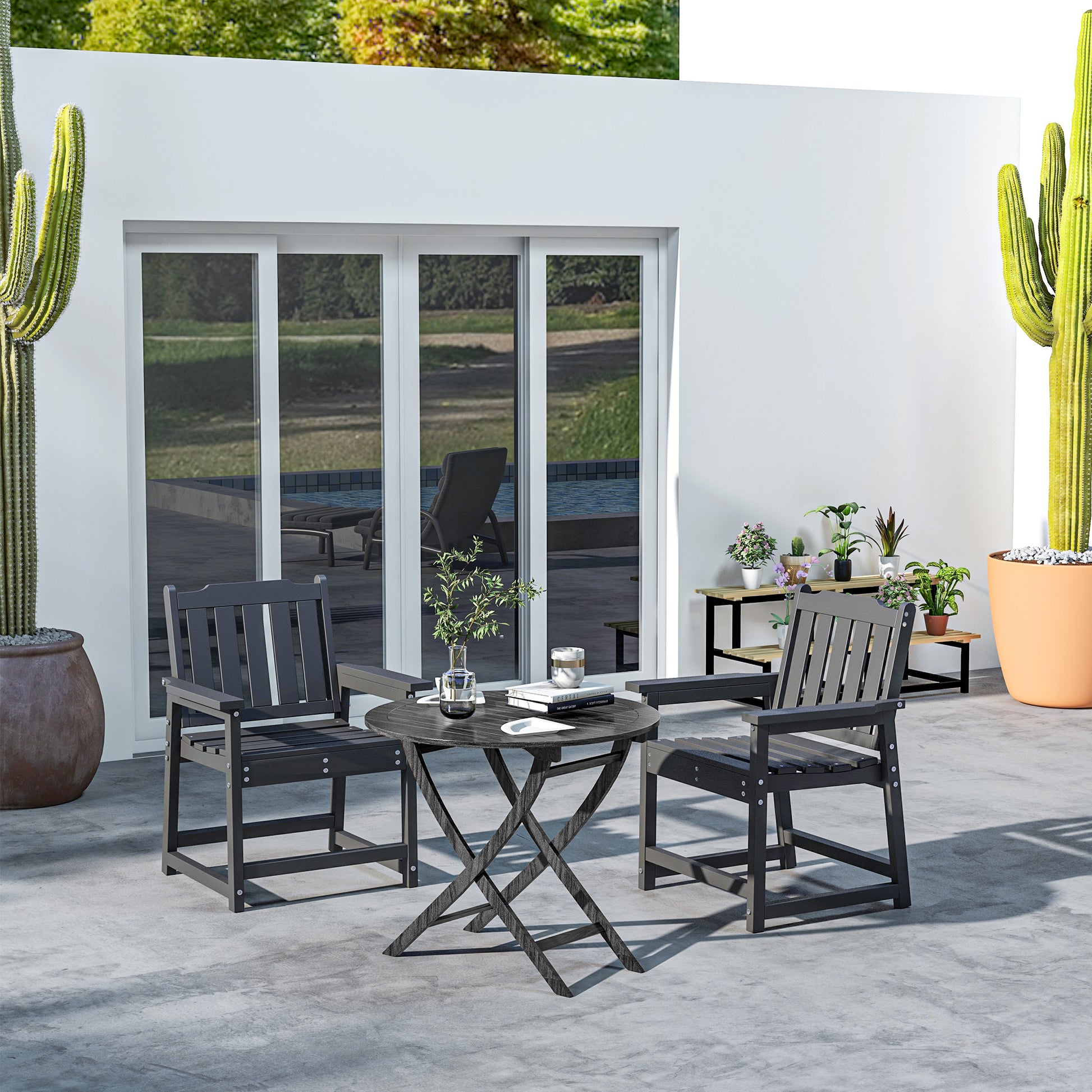 2 Piece All-Weather Patio Chairs, HDPE Patio Dining Chair Set, Heavy Duty Wood-Like Outdoor Furniture, Black