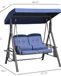 2-Person Patio Swing Bench with Adjustable Shade Canopy, Soft Cushions, Throw Pillows and Tray, Dark Blue