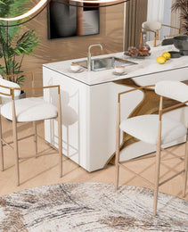 Barstools Set Of 2, Counter Height Upholstered Bar Stools With Back For Kitchen Island, Beige Faux PU Leather Seating Black Iron Legs 260LBS Weight Capacity