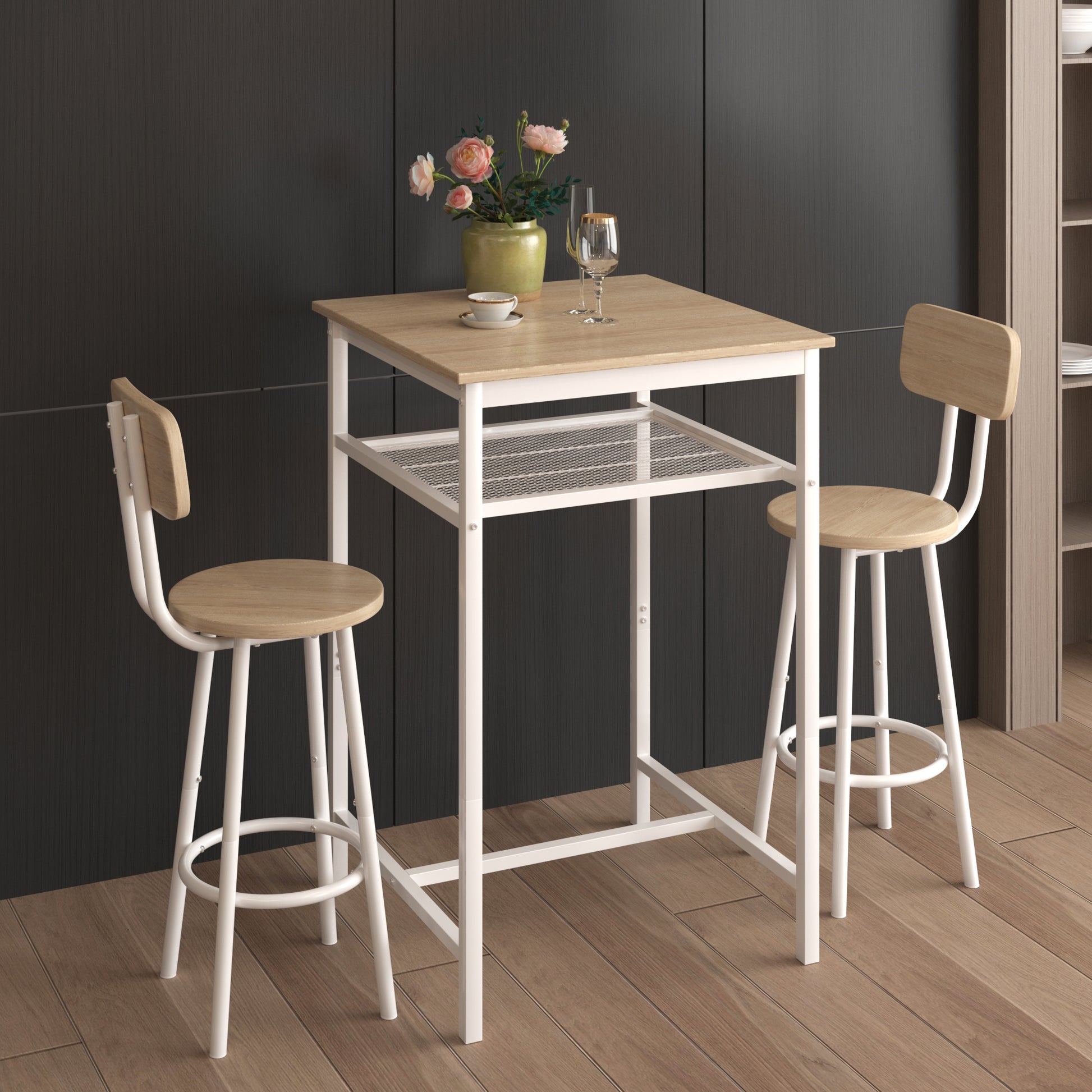 Bar Table, Equipped With 2 Bar Stools , With Backrest And Partition Beige