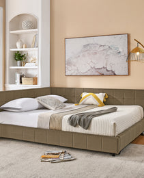 Queen Size Upholstered Tufted Bed Frame, Sofa Bed Frame With Comfortable Backrest And Armrests, Queen Size Bed For Bedroom, Living Room,Velvet, Brown 85.5x64.5x30.5