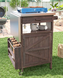 K&K 40.5  Outdoor Grill Cart With Stainless Steel Top, Solid Wood Outdoor Storage Cabinet With Drop Leaf, One Drawer, Towel Rack, Rolling Kitchen Cart With Lockable Wheels For Lawn Garden, Brown