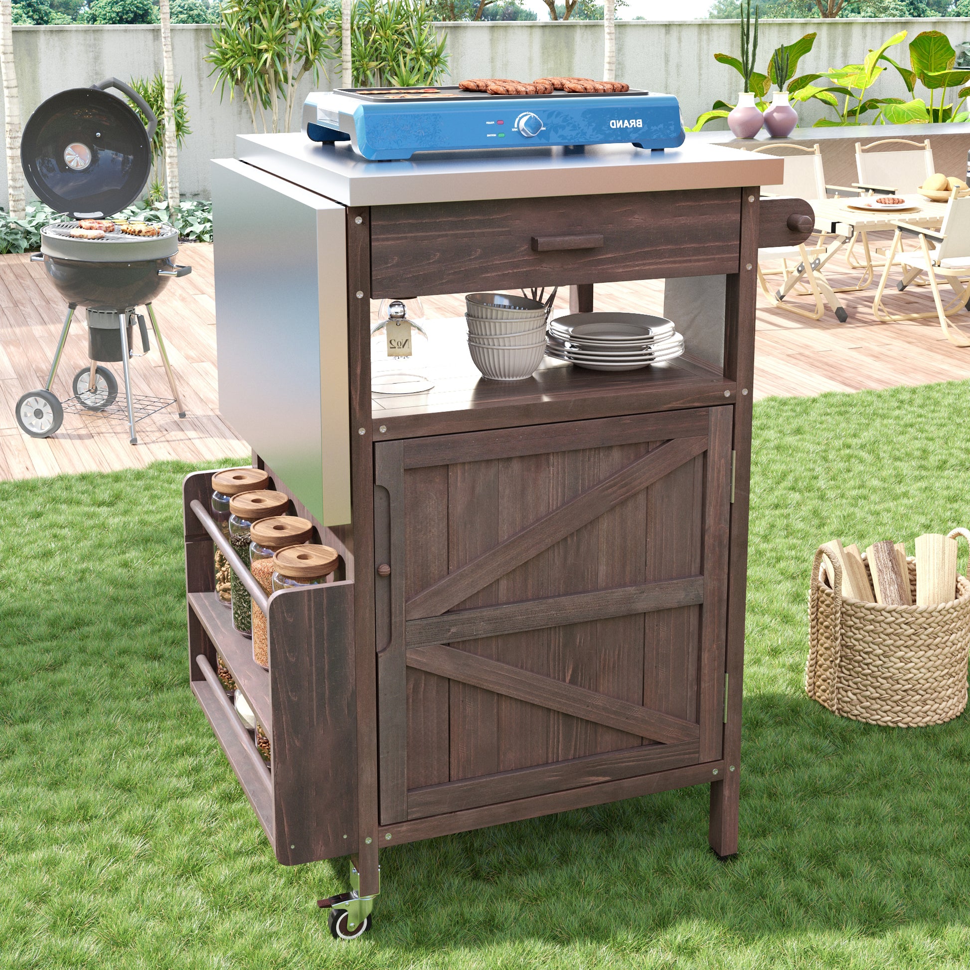 K&K 40.5  Outdoor Grill Cart With Stainless Steel Top, Solid Wood Outdoor Storage Cabinet With Drop Leaf, One Drawer, Towel Rack, Rolling Kitchen Cart With Lockable Wheels For Lawn Garden, Brown
