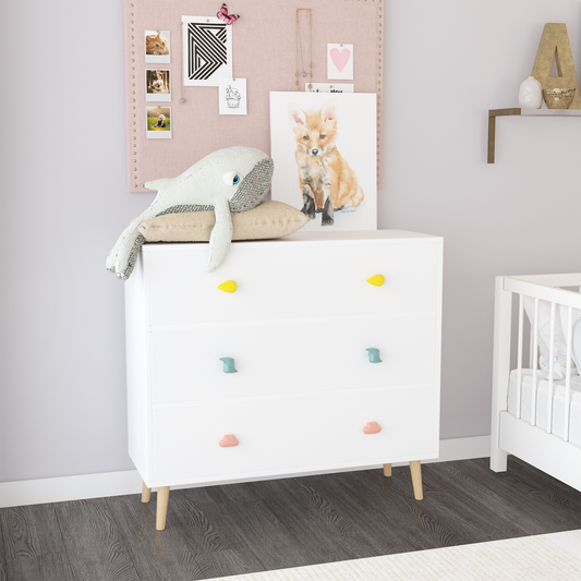 Kids 3 Drawer Dresser, Baby Nightstand For Bedroom, Storage Cabinet For Toddler Child For Living Room, Toddler Room, Nursery, Closet, Apartment White