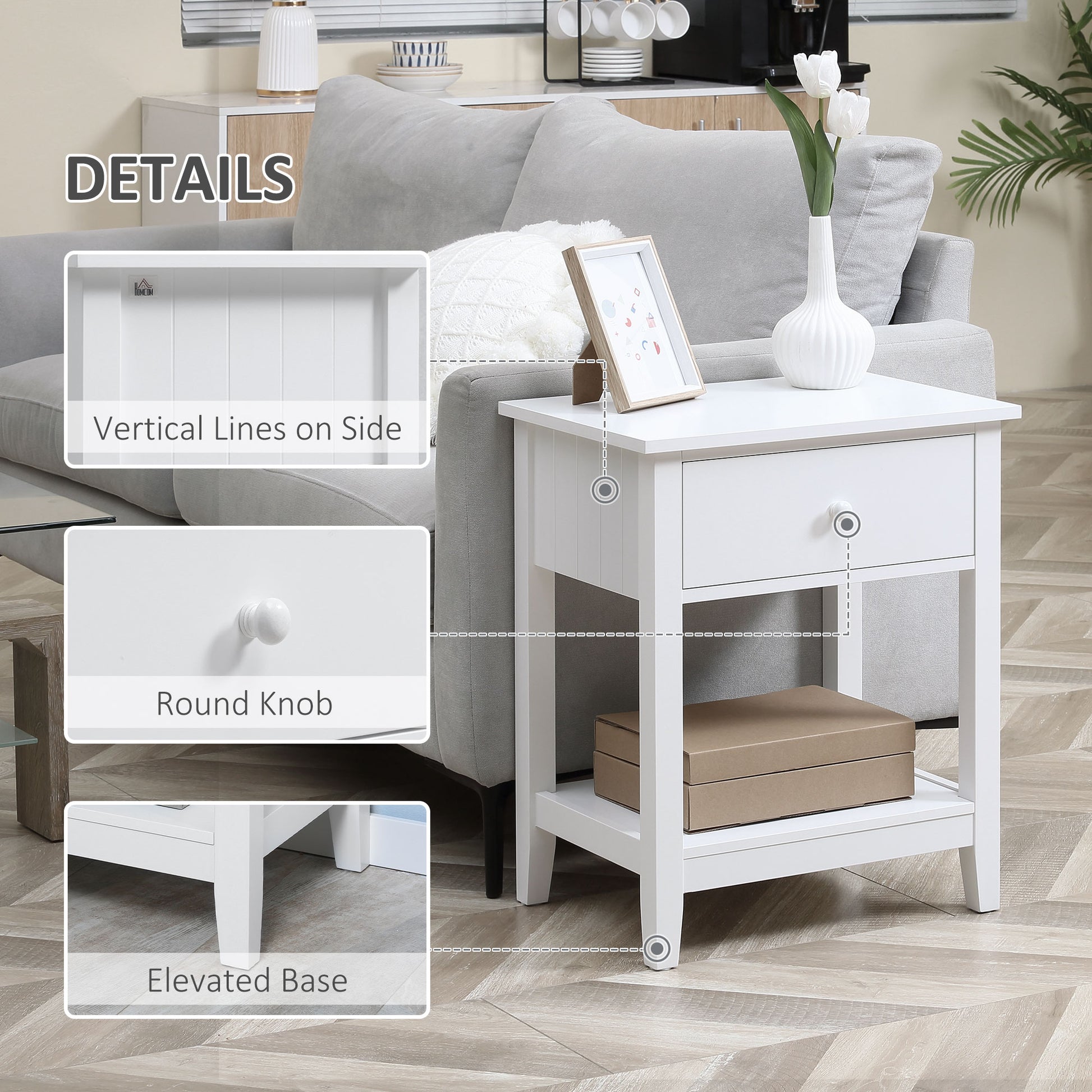 End Table, 2-tier Side Table with Drawer and Storage Shelf, Modern Side Table for Living Room, White