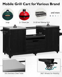 K&K 66.5  Outdoor Kitchen Island, Solid Wood Outdoor Grill Cart For Tabletop Grill With Stainless Steel Top, Drawer, Compatible With Large Big Green Egg, Kamado Joe  Black