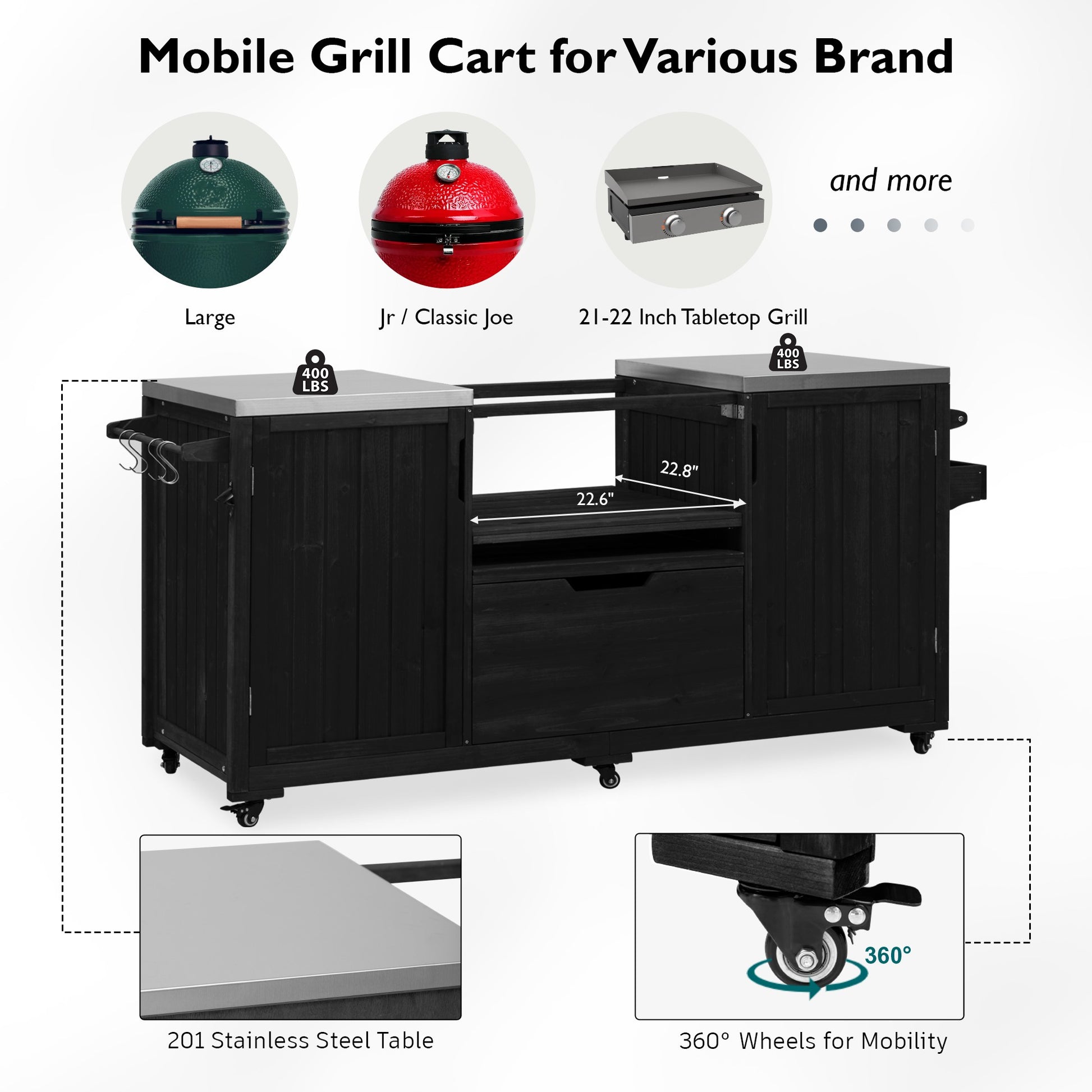 K&K 66.5  Outdoor Kitchen Island, Solid Wood Outdoor Grill Cart For Tabletop Grill With Stainless Steel Top, Drawer, Compatible With Large Big Green Egg, Kamado Joe  Black