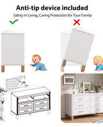 6-Drawer Double Dresser In White, Modern Storage Cabinet With Metal Handles & Solid Wood Legs, Dresser Drawer Organizer For Kids Bedroom, Heavy-Duty Wooden Dresser With Pre-Installed