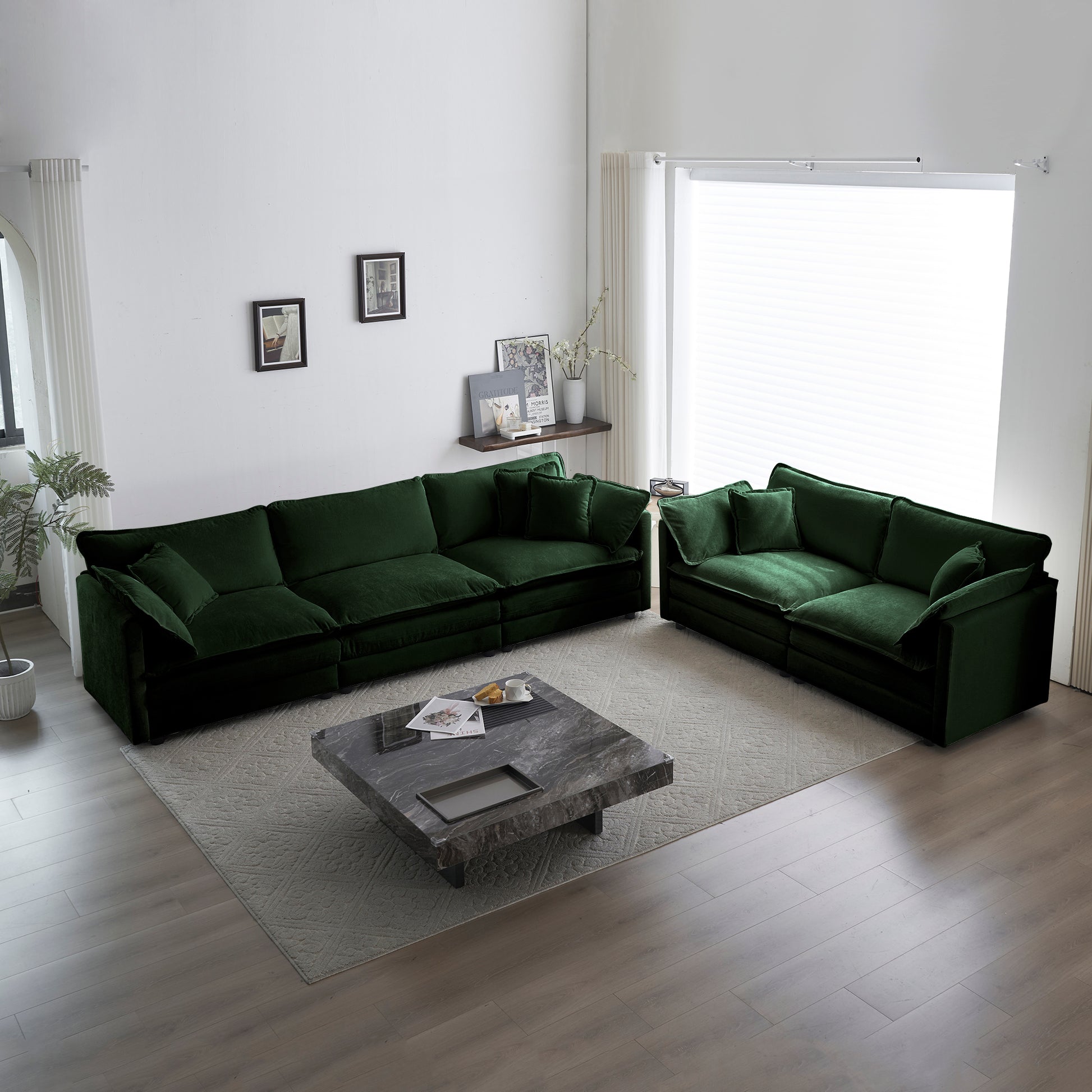 Sofa Set Of 2 Chenille Couch, 2-3 Seater Sofa Set Deep Seat Sofa, Modern Sofa Set For Living Room, Green Chenille