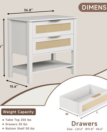 Rattan Nightstand With 2 Drawers And Storage Shelf Boho Bedside Narrow Side Table For Bedroom