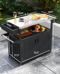 Outdoor Bar Cart with Storage, Stainless Steel Outdoor Bar Table Top, Wheeled HDPE Kitchen Island for Food Prep, Black