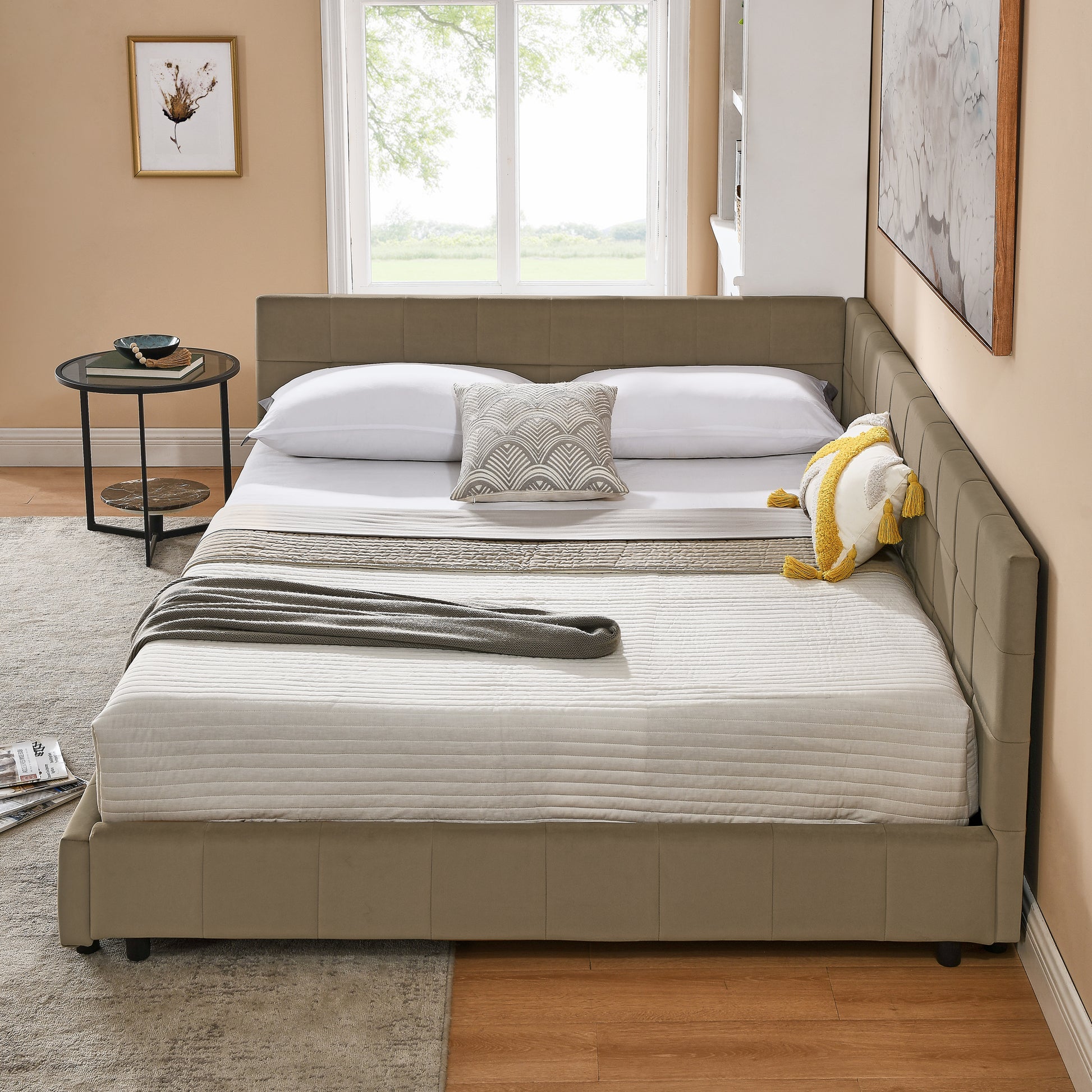 Queen Size Upholstered Tufted Bed Frame, Sofa Bed Frame With Comfortable Backrest And Armrests, Queen Size Bed For Bedroom, Living Room,Velvet, Brown 85.5x64.5x30.5