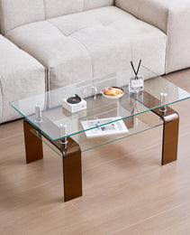Tempered Glass Coffee Table, Modern Glass Coffee Table For Living Room, 2-Tier Storage Center Coffee Table With Brown Legs