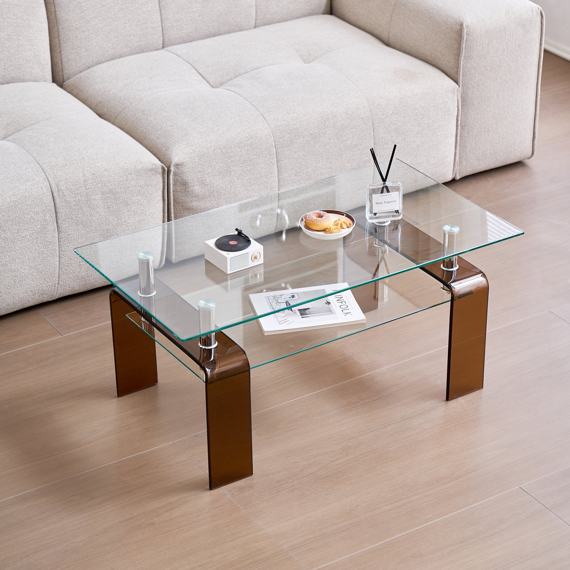 Tempered Glass Coffee Table, Modern Glass Coffee Table For Living Room, 2-Tier Storage Center Coffee Table With Brown Legs