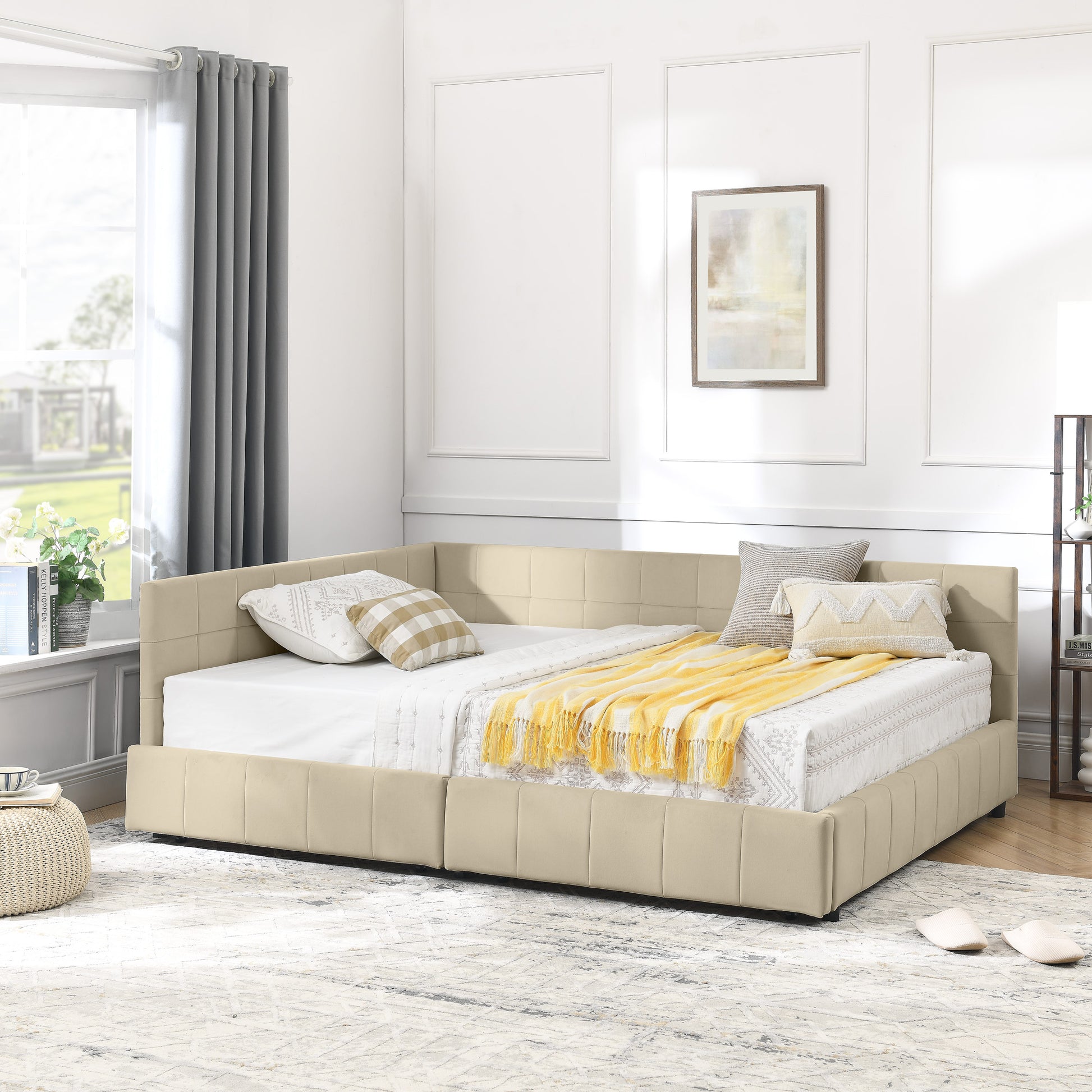 Full Size Storage Upholstered Tufted Bed Frame, Sofa Bed Frame With Comfortable Backrest And Armrests, Full Size Bed For Bedroom, Living Room,Velvet, BEIGE 80.5x59x29.5