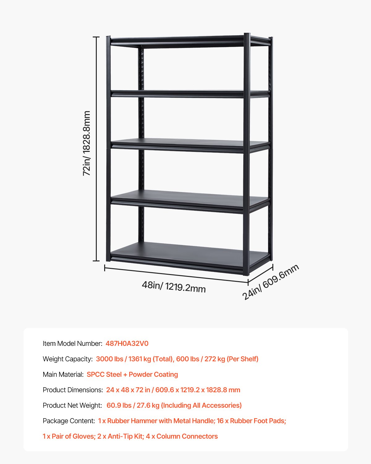 Storage Shelves 24 D X 48 W X 72 H 5-tier Garage Storage Shelving