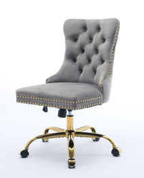 A&A Furniture Office Chair,Modern Velvet Upholstered Tufted Button Home Office Chair With Golden Metal Base,Adjustable Desk Chair Swivel Office Chair Gray