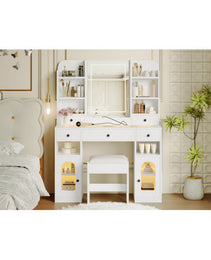 43.2 Vanity Desk With LED Mirror And Lights, Glass Top Vanity With RGB Glass Light Cabinets, Dressing Table With 5 Drawers ,Storage Shelves And Stool For Bedroom, White - CJDS