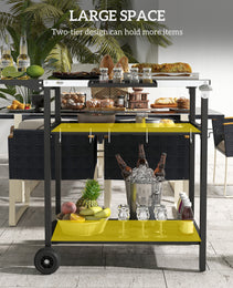 2-Tier Shelf Outdoor Bar Cart, Stainless Steel Tabletop Patio Serving Cart with Accessories for Poolside, Garden, Black