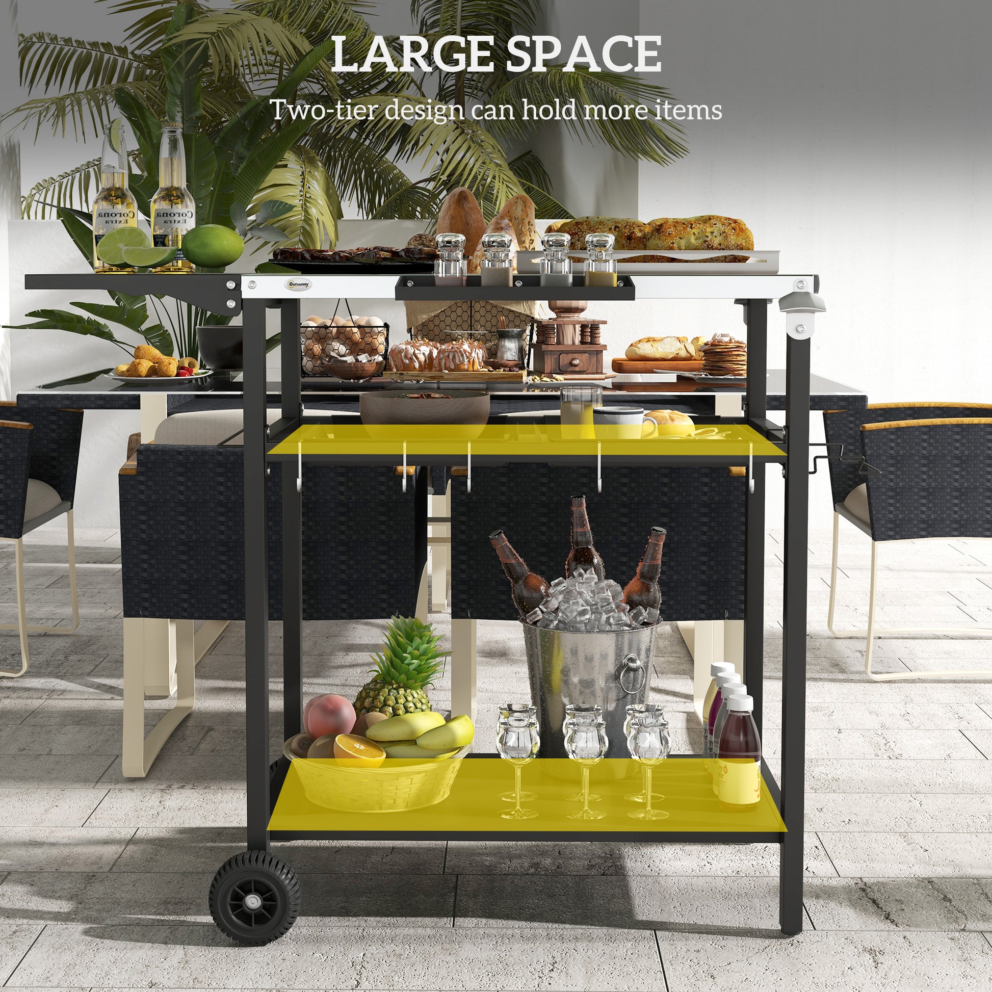 2-Tier Shelf Outdoor Bar Cart, Stainless Steel Tabletop Patio Serving Cart with Accessories for Poolside, Garden, Black