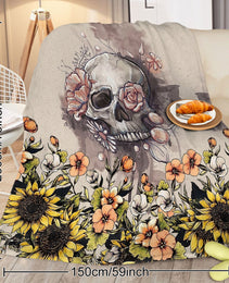 Rustic Skull Sunflower Flannel Fleece Blanket Floral Skull Flannel Soft Plush Throw Blanket Cozy Blankets For Bed Chair Car Sofa Couch Bedroom 75x100cm 130x150cm 150x200cm