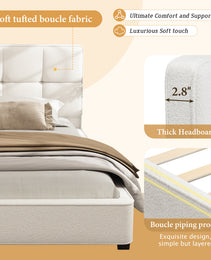 King Size Boucle Bed Frames, Upholstered Platform Bed With Curved Tufted Headboard, Soft Square Corners, Beige