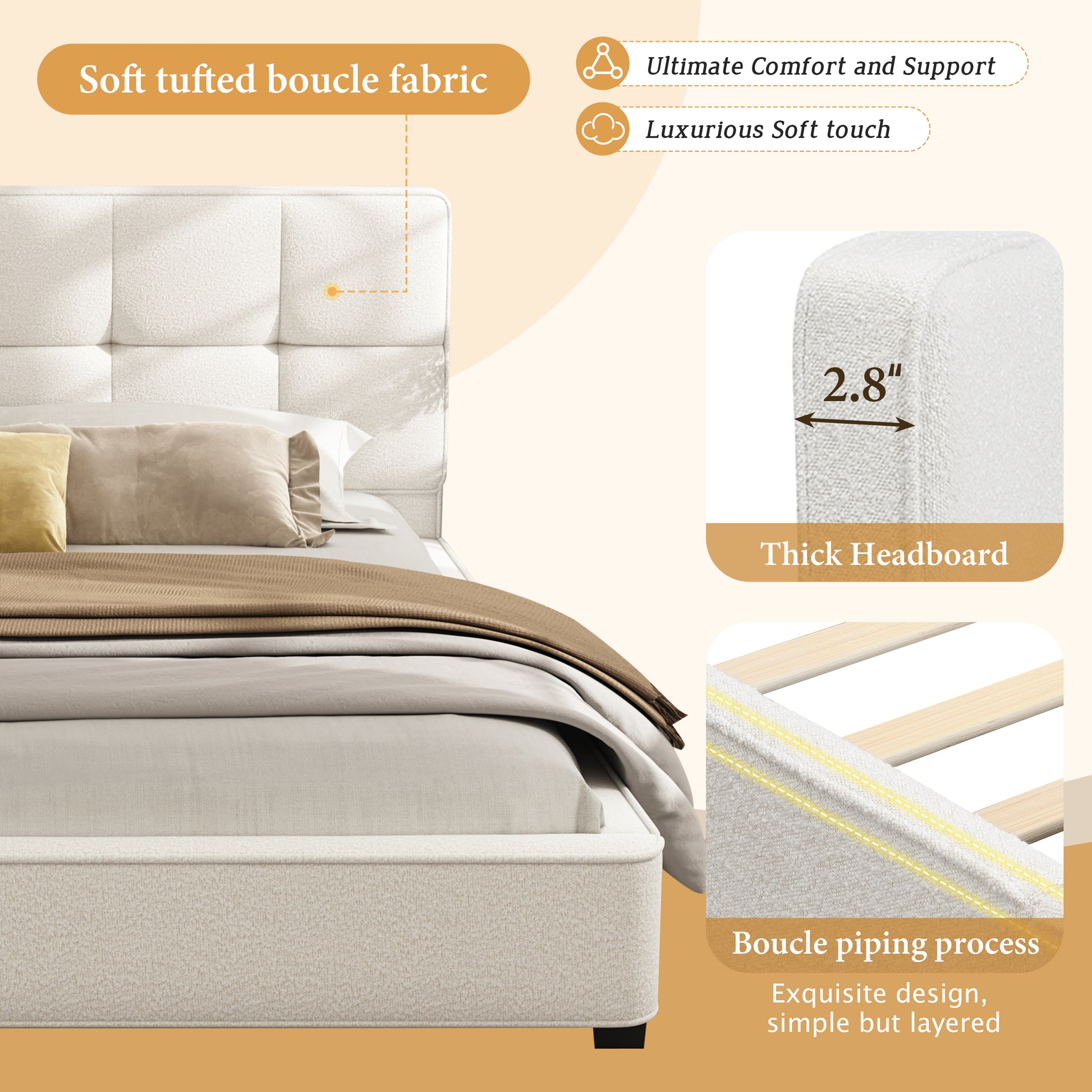 King Size Boucle Bed Frames, Upholstered Platform Bed With Curved Tufted Headboard, Soft Square Corners, Beige