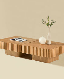 2PCS Set 31.5 Inch Modern Handcraft Drum Coffee Table Square Coffee Table For Living Room,Small Wooden Coffee Table With Sturdy MDF Pedesta,Natural Color