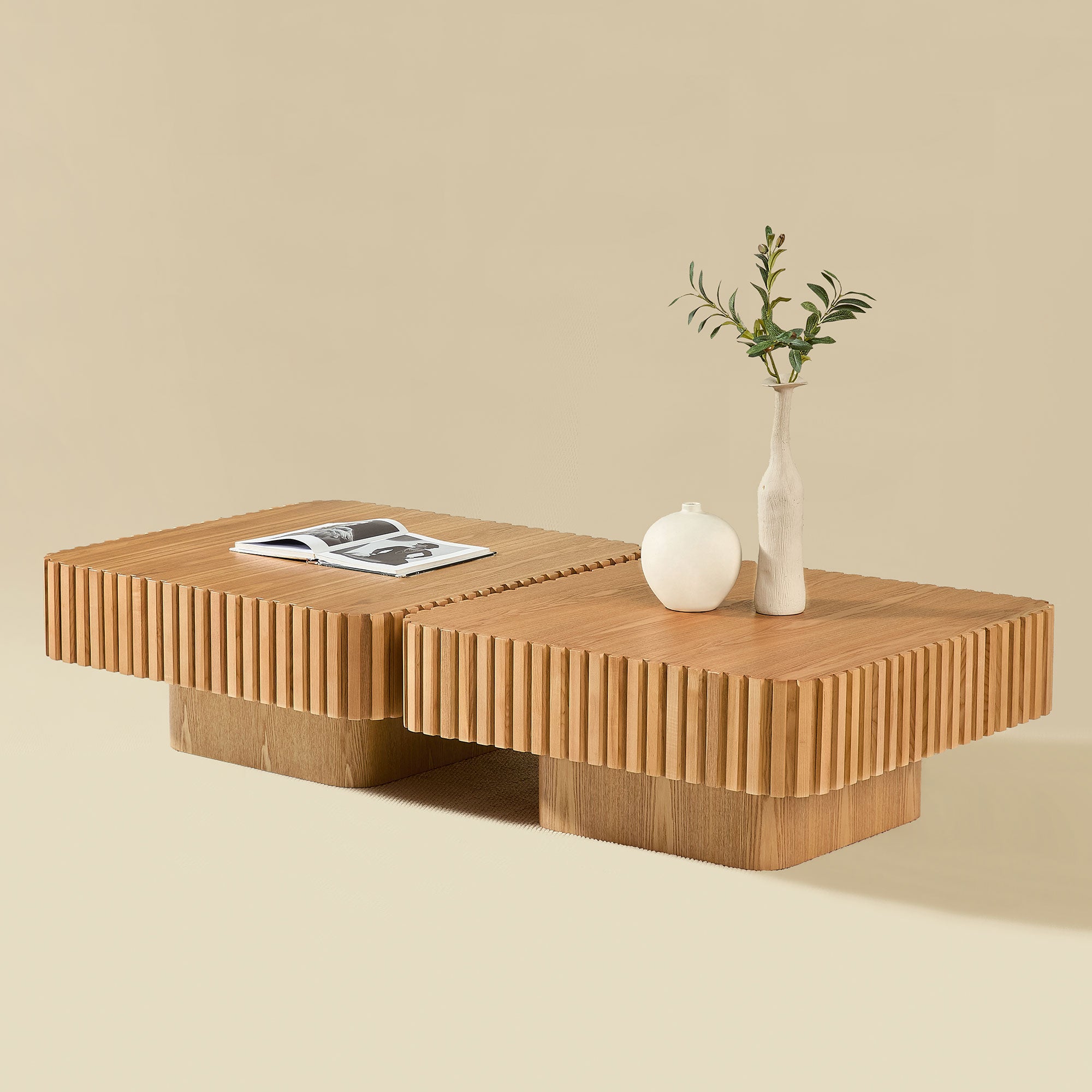 2PCS Set 31.5 Inch Modern Handcraft Drum Coffee Table Square Coffee Table For Living Room,Small Wooden Coffee Table With Sturdy MDF Pedesta,Natural Color