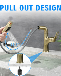 Brushed Gold Pull-Down Vessel Faucet - Single Hole Bathroom Sink Faucet With Lift Spout & Dual Spray Modes