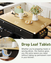 Available TOPMAX Farmhouse Kitchen Island With Drop Leaf And 2 Seatings, Kitchen Table Set With Storage Cabinet, Drawers, Door Shelves And Power Outlet, Black